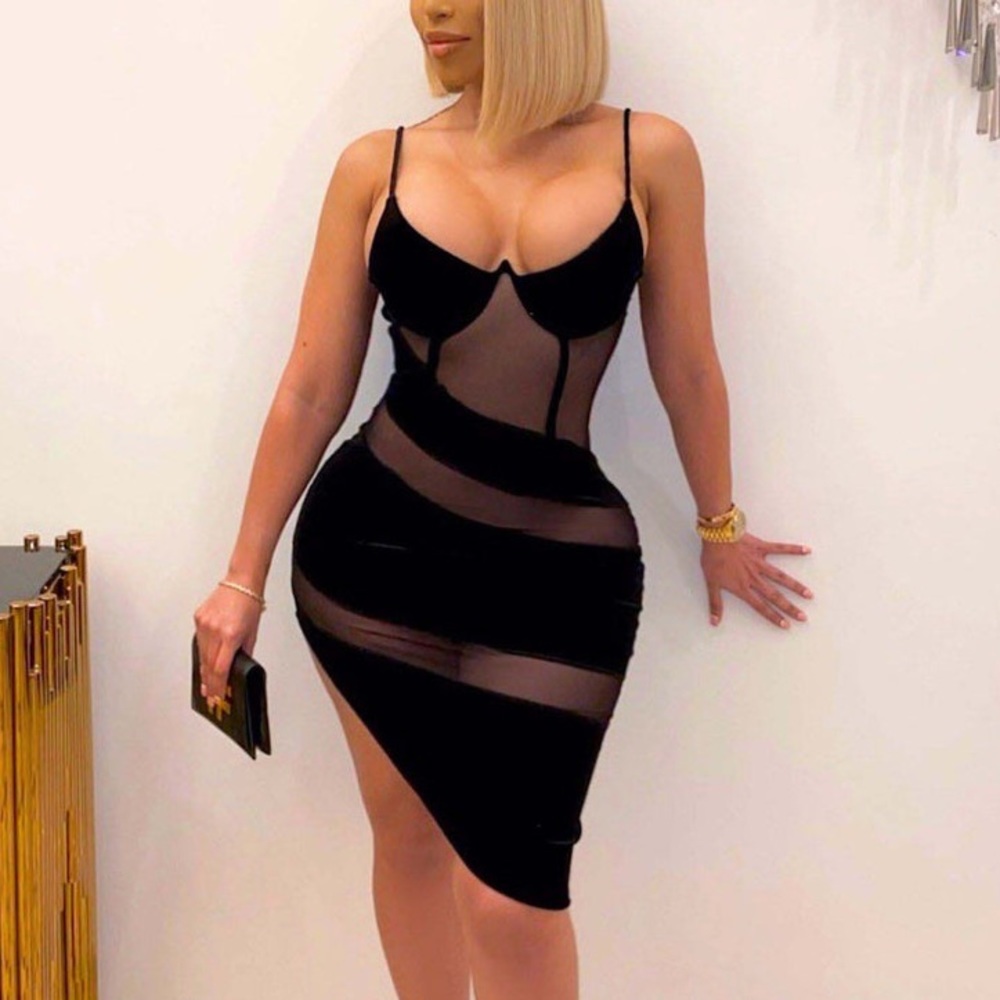 Black Asymmetric Mesh Detail Dress